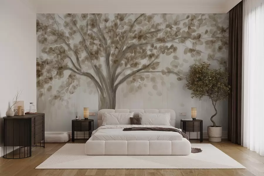 wall murals Велико дрво са меким, апстрактним листовима у беж боји на светлој, неутралној позадини која појачава тонове дрвета w08669