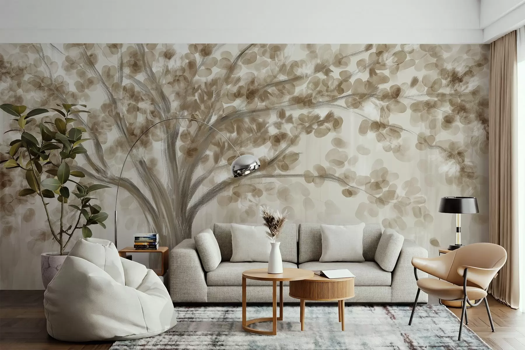 wall murals Велико дрво са меким, апстрактним листовима у беж боји на светлој, неутралној позадини која појачава тонове дрвета w08669