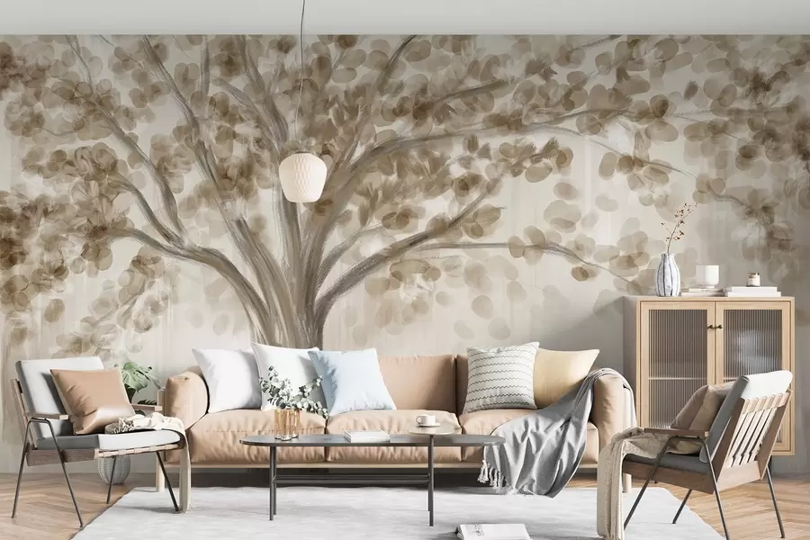 wall murals Велико дрво са меким, апстрактним листовима у беж боји на светлој, неутралној позадини која појачава тонове дрвета w08669