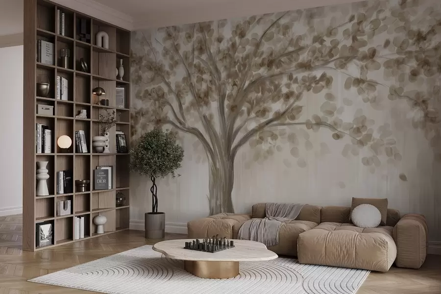 wall murals Велико дрво са меким, апстрактним листовима у беж боји на светлој, неутралној позадини која појачава тонове дрвета w08669