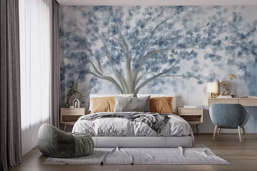 wall murals Велико дрво са меким, апстрактним листовима плаве боје на светлој, неутралној позадини које појачава тонове дрвета w08669v1