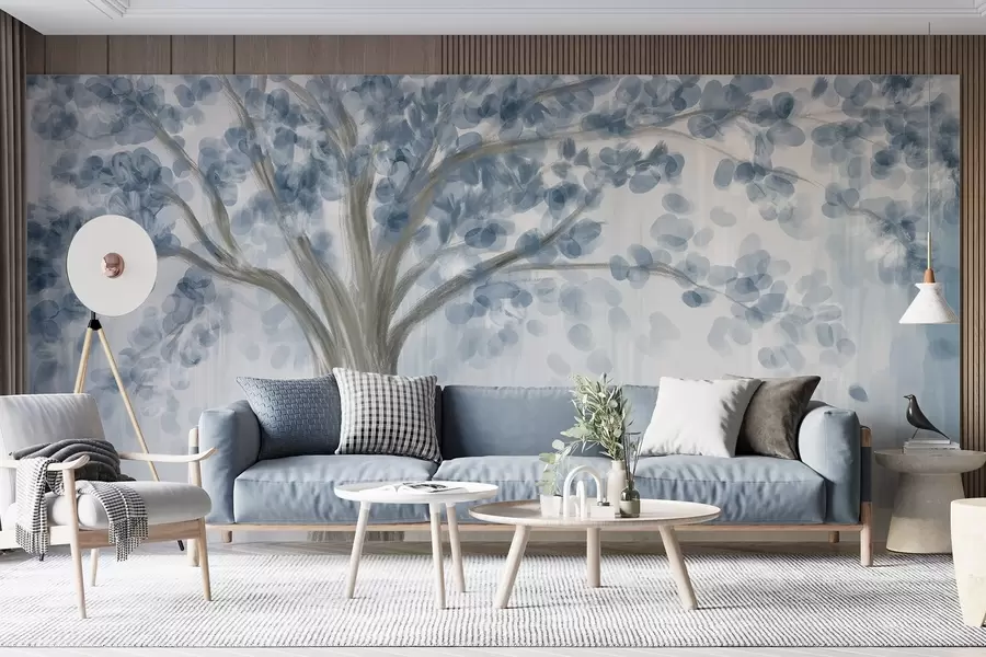 wall murals Велико дрво са меким, апстрактним листовима плаве боје на светлој, неутралној позадини које појачава тонове дрвета w08669v1