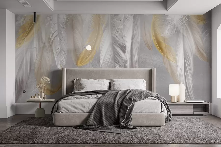 wall murals Бело и жуто перје виси на меко сивој позадини, стварајући деликатну и прозрачну композицију w08670
