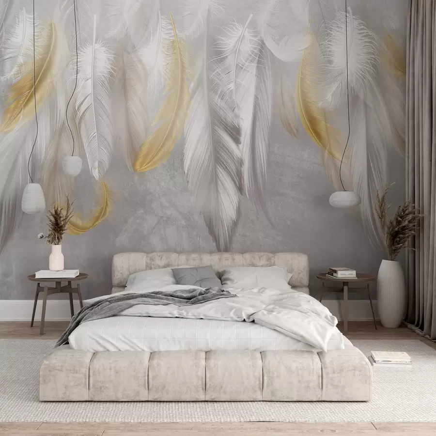 wall murals Бело и жуто перје виси на меко сивој позадини, стварајући деликатну и прозрачну композицију w08670