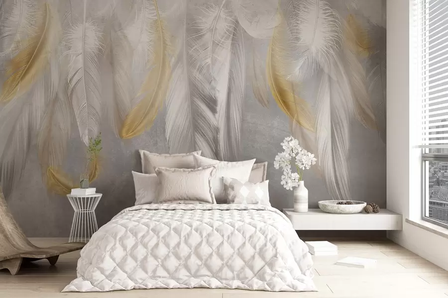 wall murals Бело и жуто перје виси на меко сивој позадини, стварајући деликатну и прозрачну композицију w08670