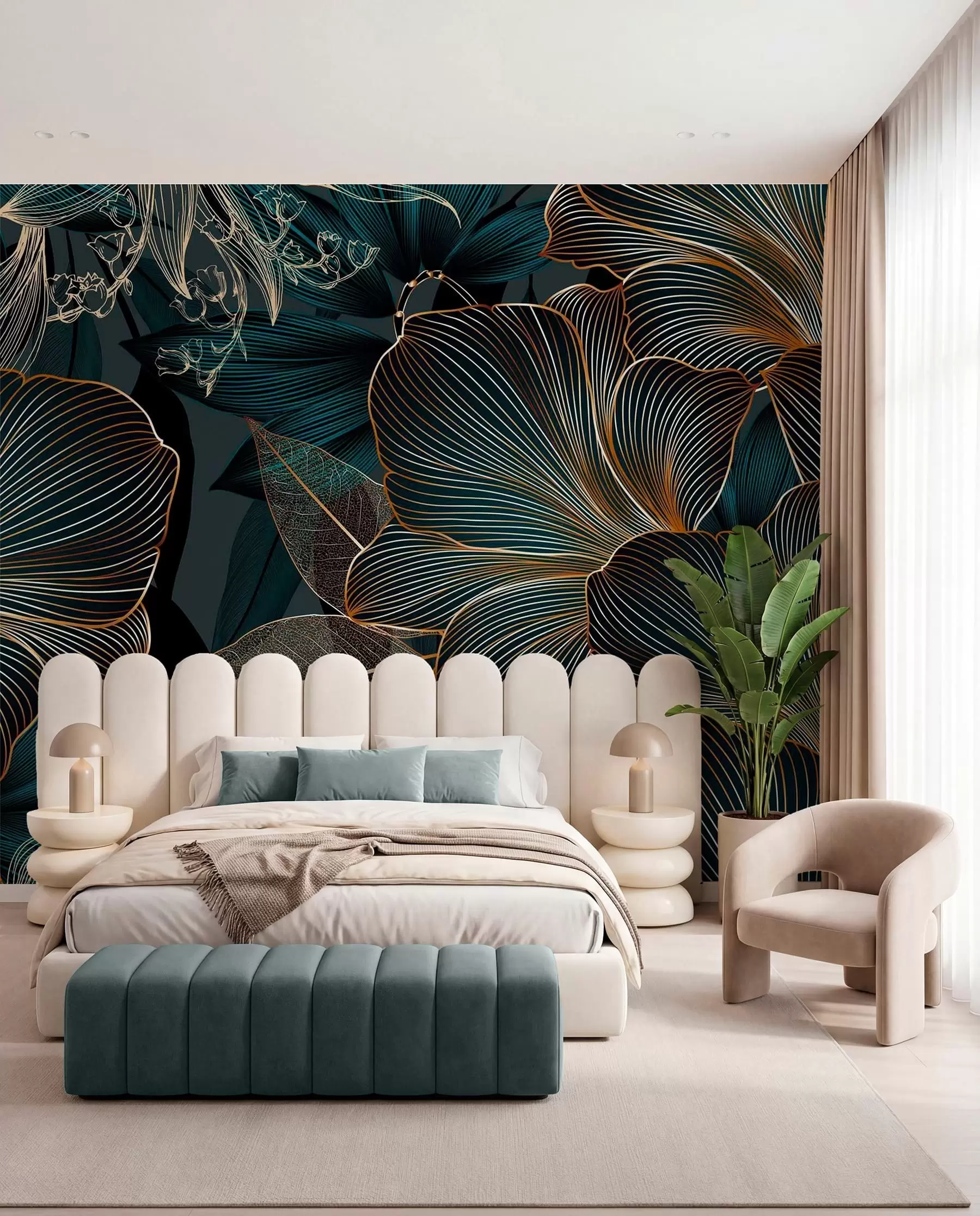 wall murals Стилизовано цвеће и листови са замршеном линијом раде у нијансама тиркизне и жуте на тамној позадини w08675