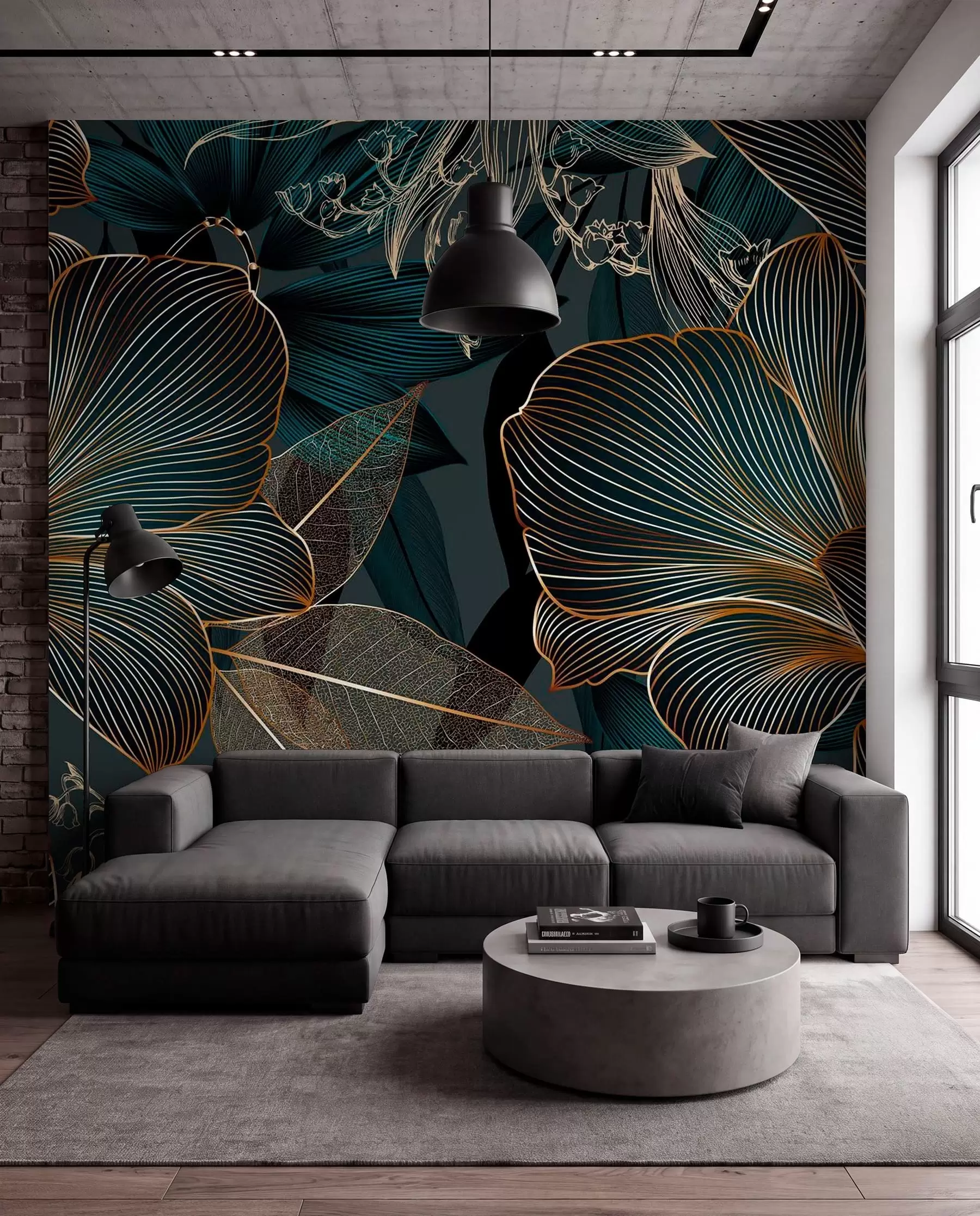 wall murals Стилизовано цвеће и листови са замршеном линијом раде у нијансама тиркизне и жуте на тамној позадини w08675