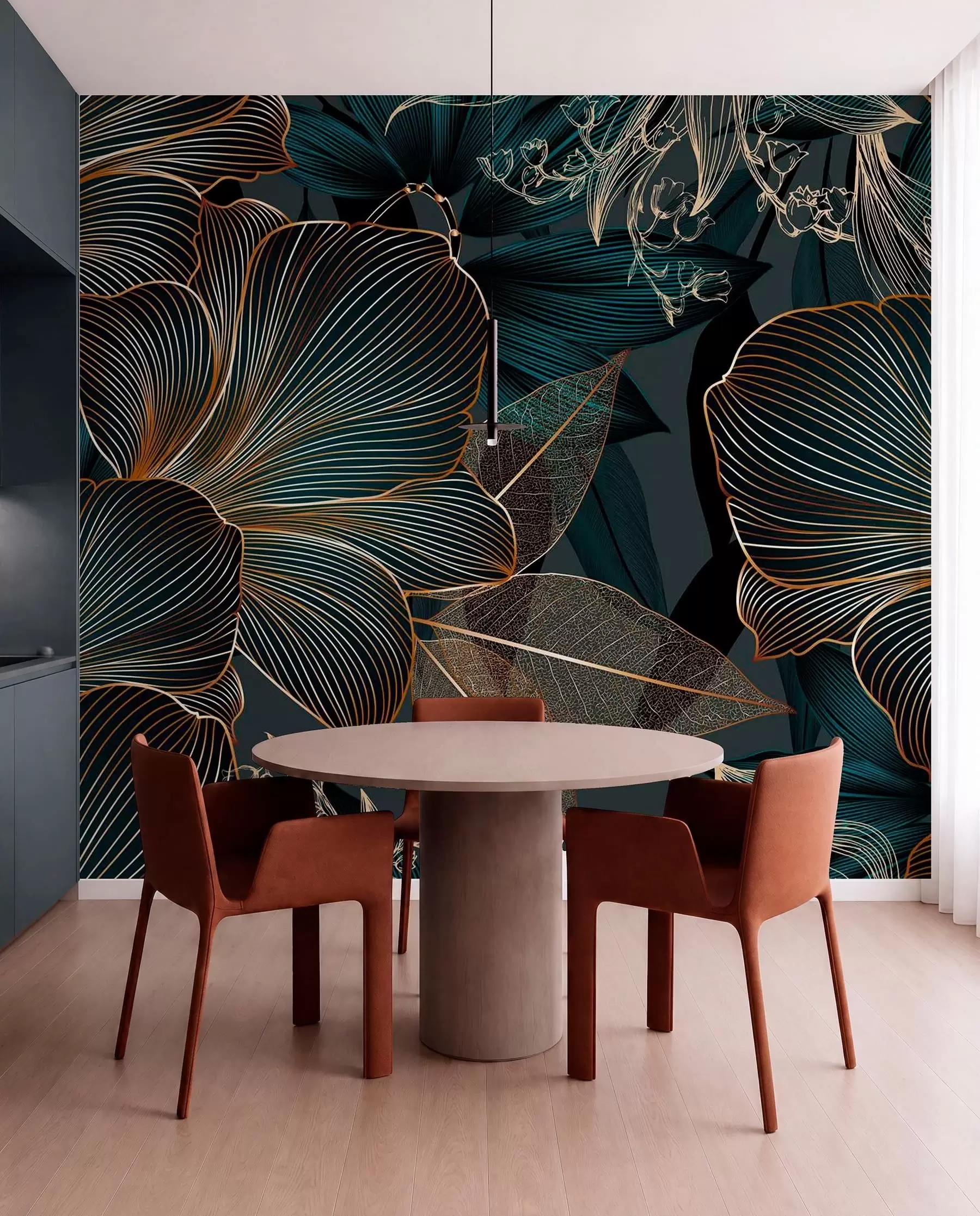 wall murals Стилизовано цвеће и листови са замршеном линијом раде у нијансама тиркизне и жуте на тамној позадини w08675