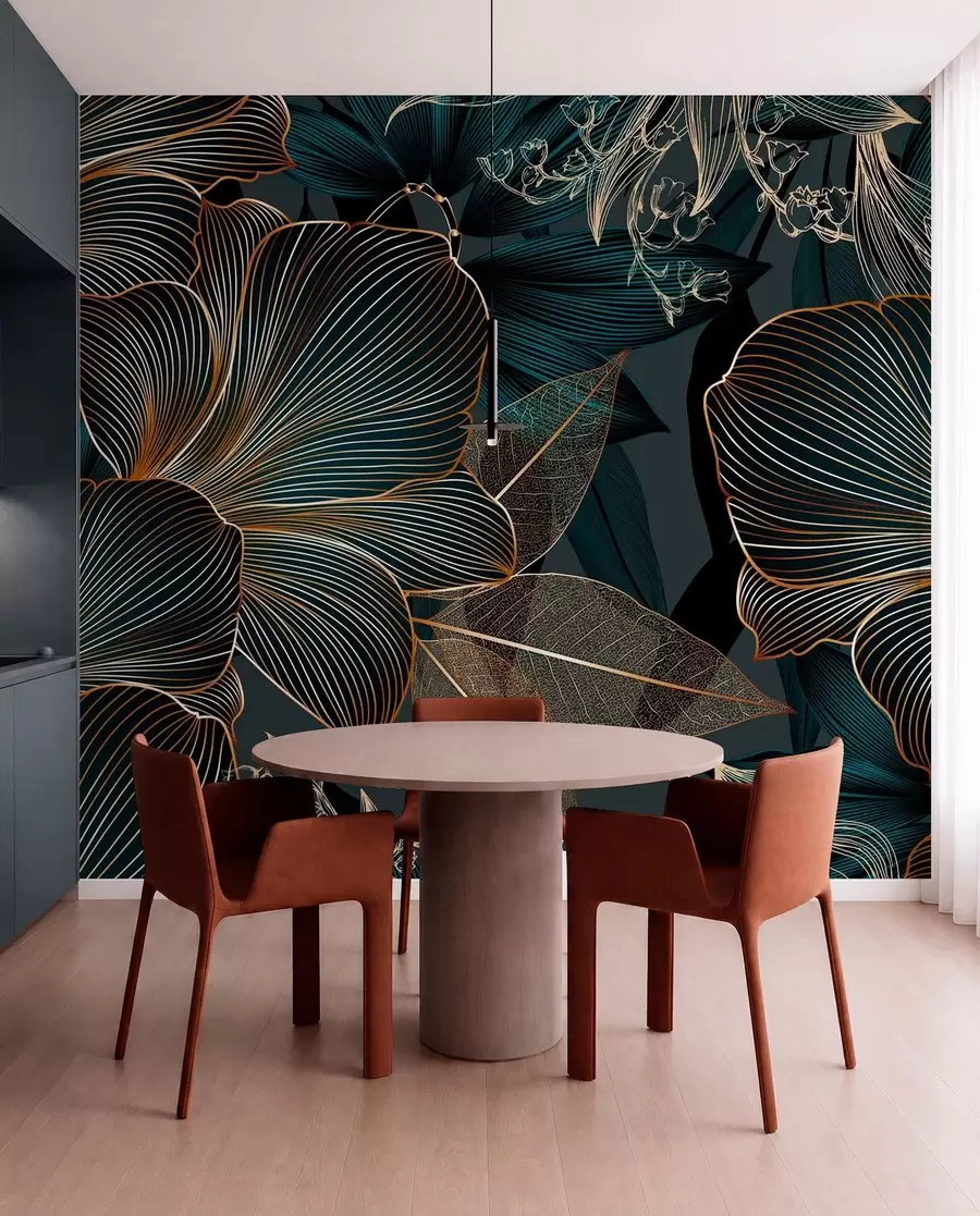 wall murals Стилизовано цвеће и листови са замршеном линијом раде у нијансама тиркизне и жуте на тамној позадини w08675