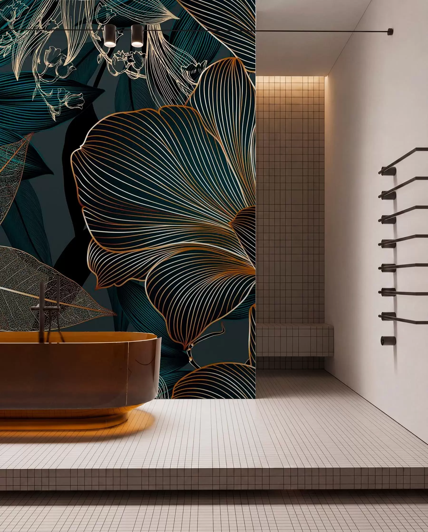 wall murals Стилизовано цвеће и листови са замршеном линијом раде у нијансама тиркизне и жуте на тамној позадини w08675