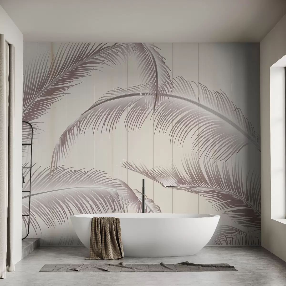 wall murals Велики узорак перја у нежним ружичастим и беж тоновима на светлој позадини са вертикалним линијама које дају додир елеганције w08685