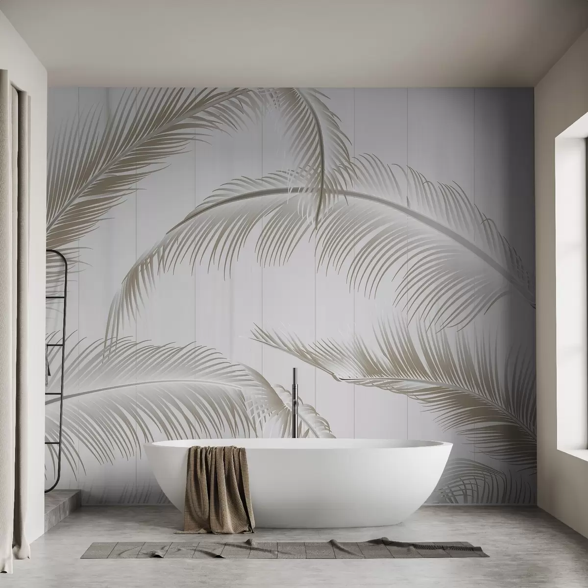 wall murals Велики узорак перја у меким смеђим тоновима на светлој позадини са вертикалним линијама за дашак софистицираности w08685v2