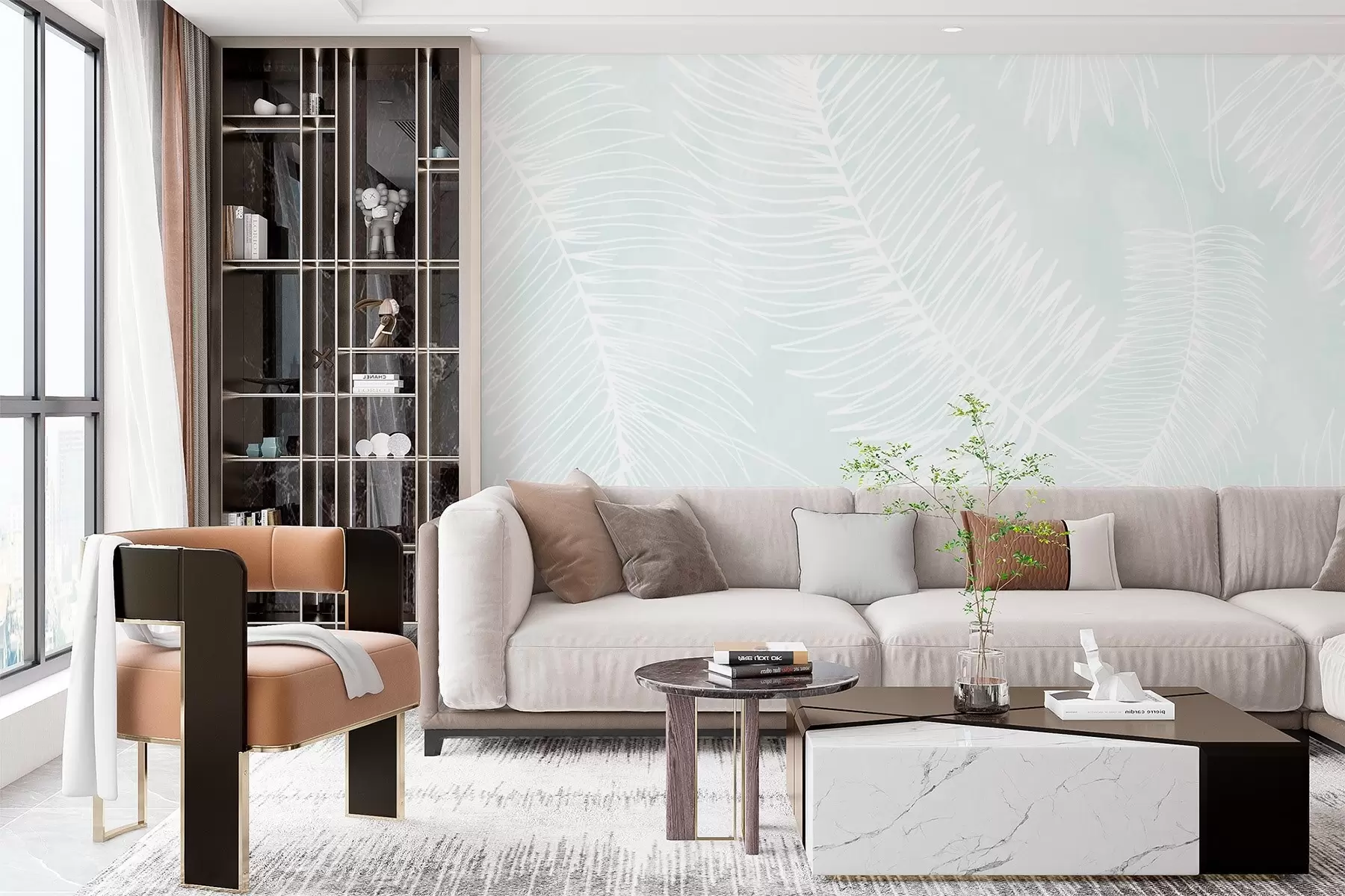 wall murals Силуете белог лишћа на текстурираној позадини w02894v2