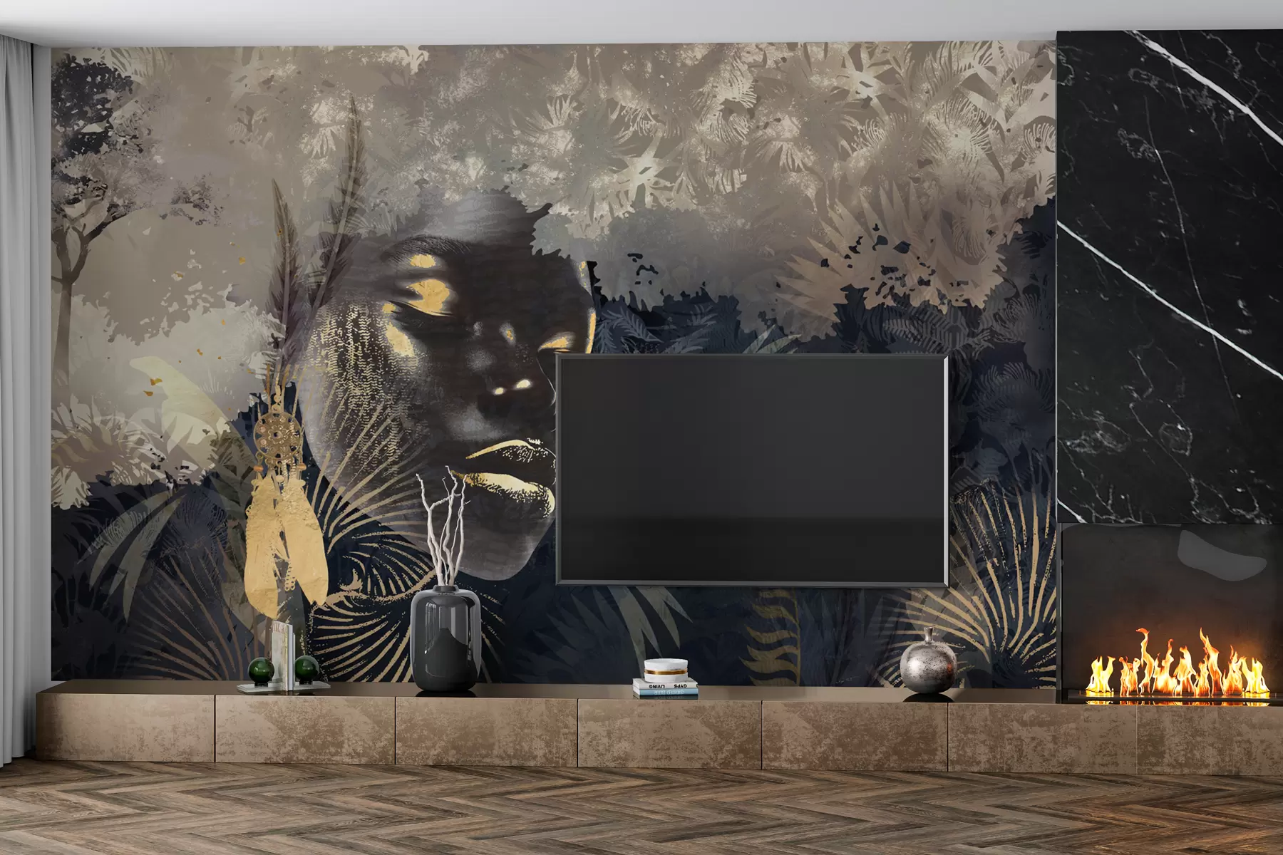 wall murals Магична Африка са прашумом, девојачким и векторским елементима са плавим нијансама w02642v1