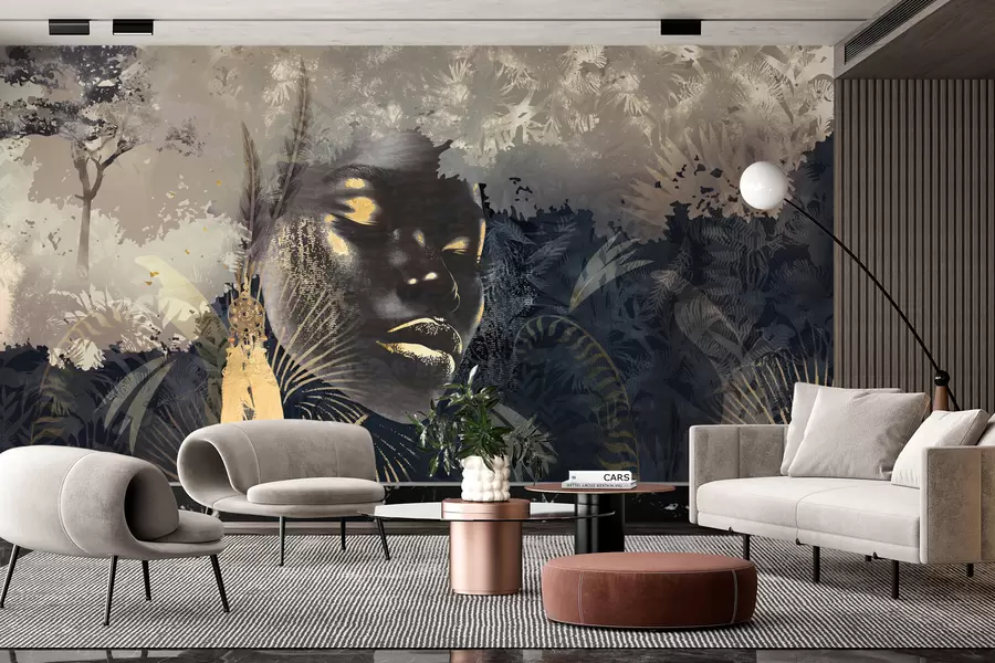 wall murals Магична Африка са прашумом, девојачким и векторским елементима са плавим нијансама w02642v1