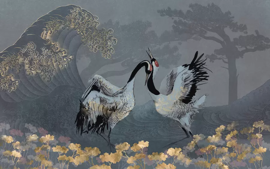 wall murals Ждралови, дрвеће и таласи са елементима у кинеском стилу w02747