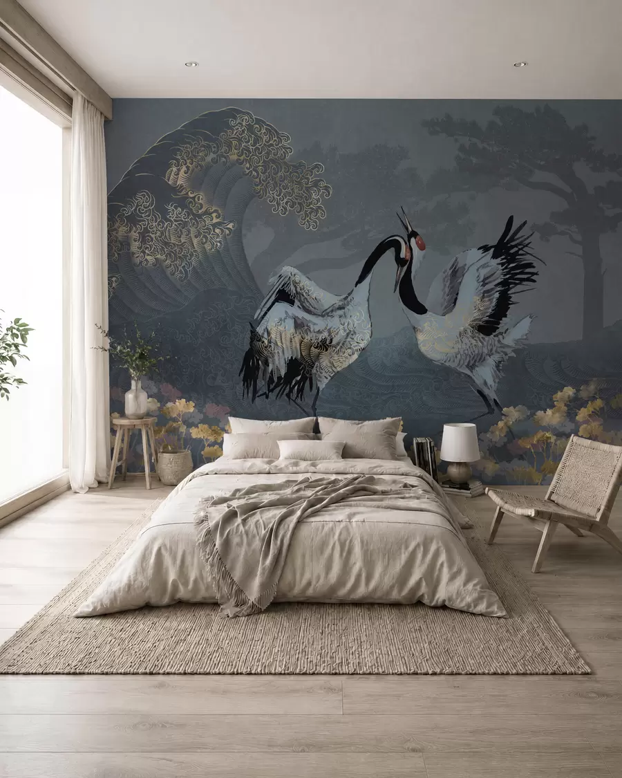 wall murals Ждралови, дрвеће и таласи са елементима у кинеском стилу w02747