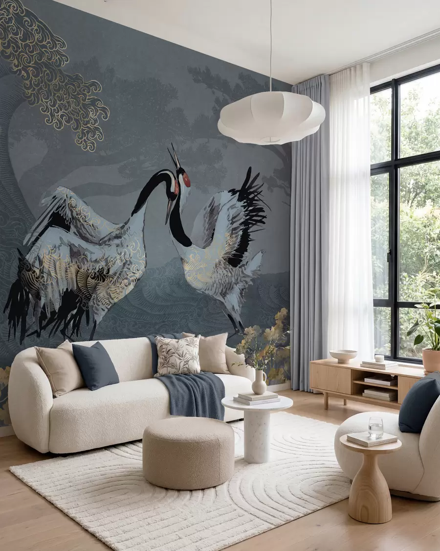 wall murals Ждралови, дрвеће и таласи са елементима у кинеском стилу w02747