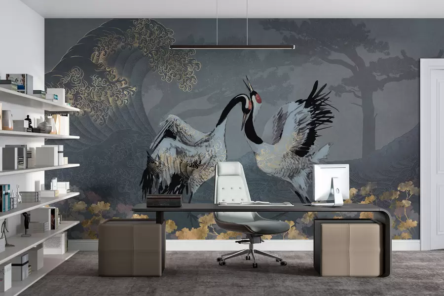 wall murals Ждралови, дрвеће и таласи са елементима у кинеском стилу w02747
