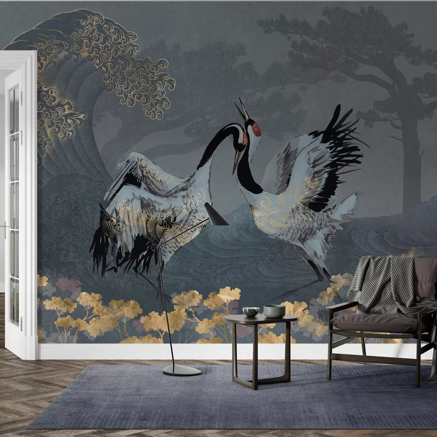 wall murals Ждралови, дрвеће и таласи са елементима у кинеском стилу w02747