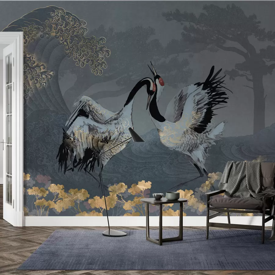 wall murals Ждралови, дрвеће и таласи са елементима у кинеском стилу w02747
