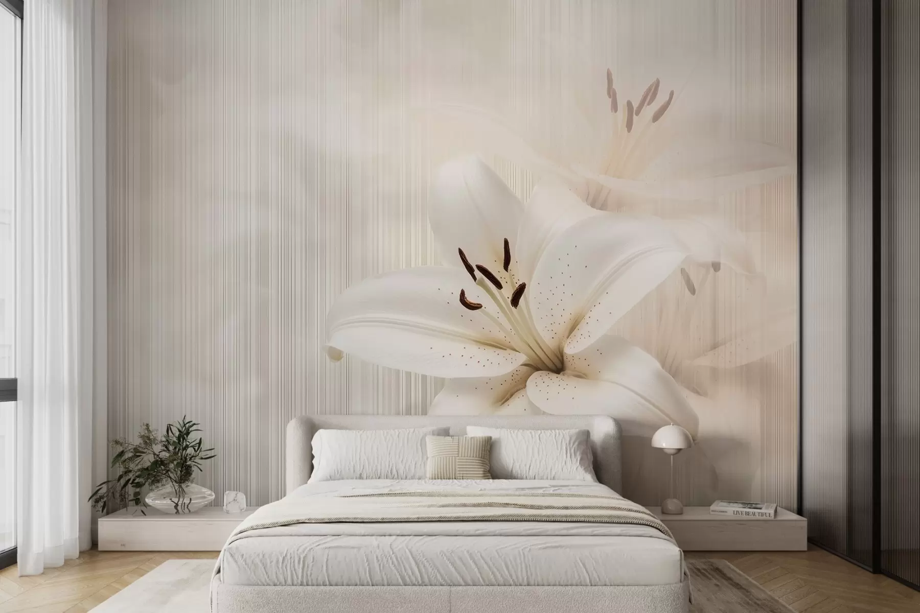 wall murals Деликатни беж љиљани на позадини вертикалних пруга w08676