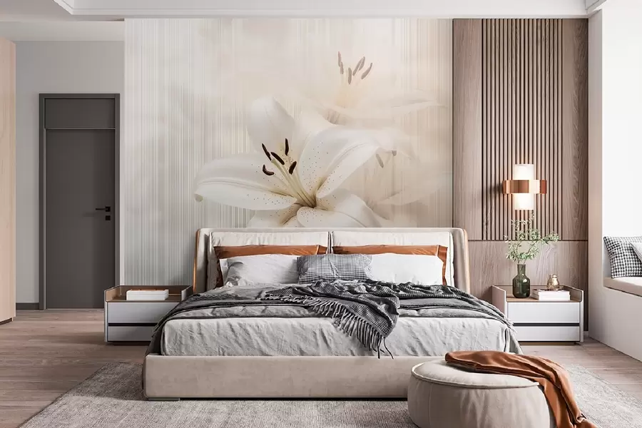 wall murals Деликатни беж љиљани на позадини вертикалних пруга w08676