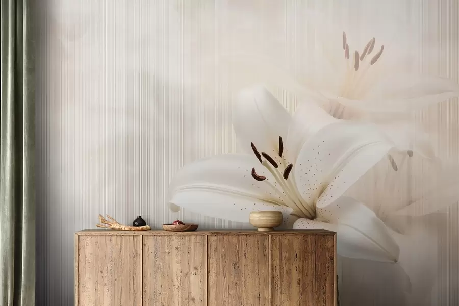 wall murals Деликатни беж љиљани на позадини вертикалних пруга w08676