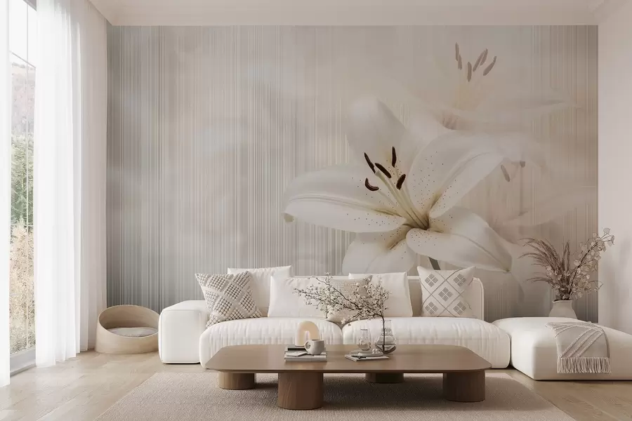 wall murals Деликатни беж љиљани на позадини вертикалних пруга w08676