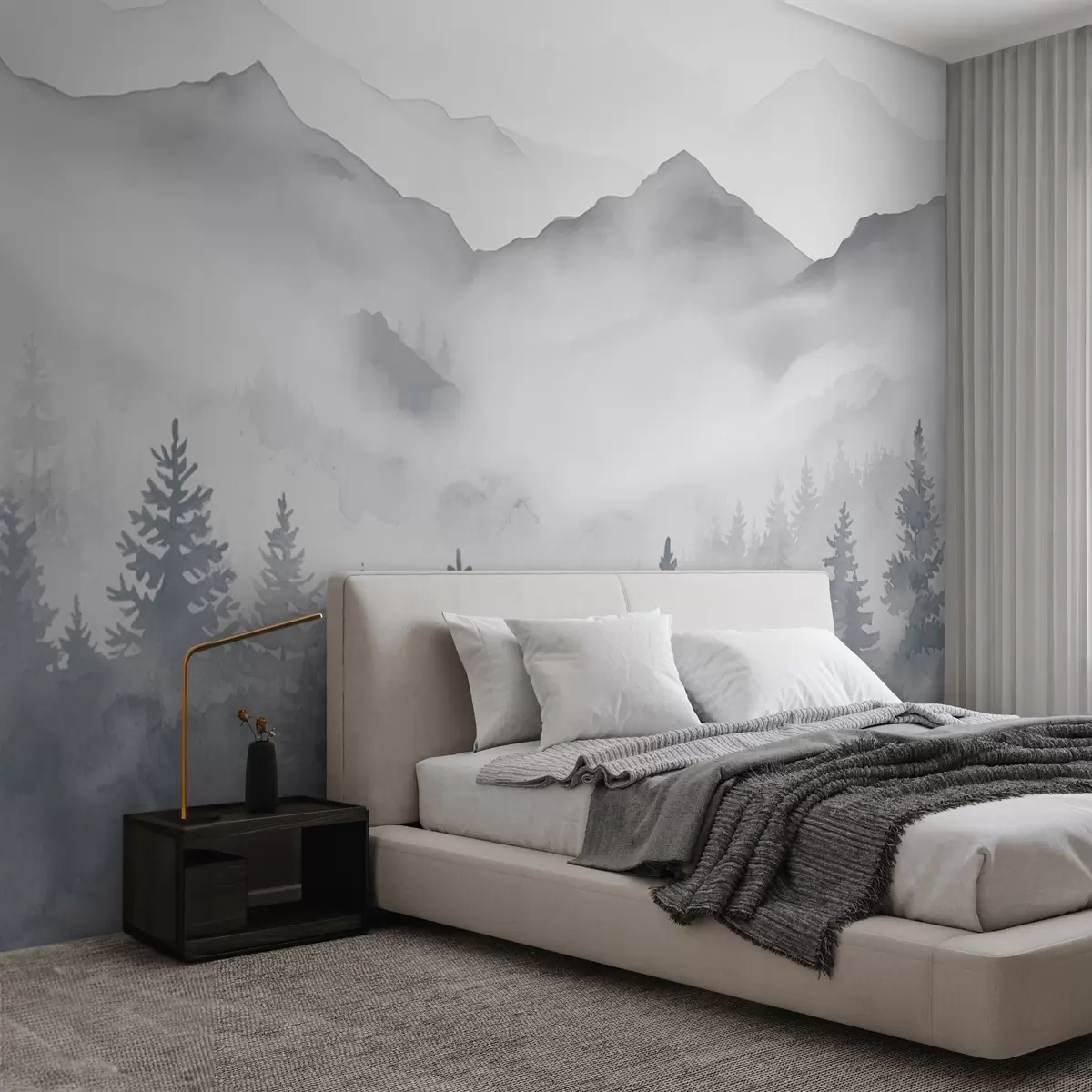 wall murals Спокојан планински пејзаж са магловитим шумама у меким сивим и плавим тоновима w08680
