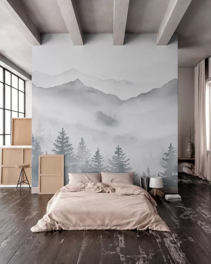 wall murals Спокојан планински пејзаж са магловитим шумама у меким сивим и плавим тоновима w08680