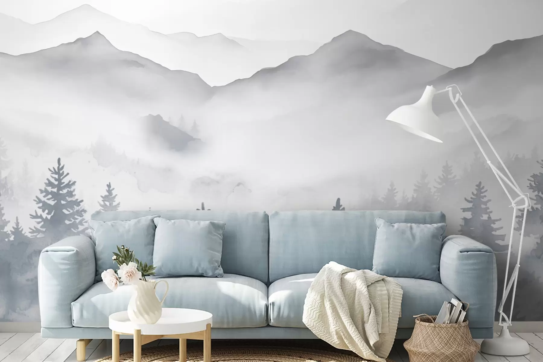 wall murals Спокојан планински пејзаж са магловитим шумама у меким сивим и плавим тоновима w08680