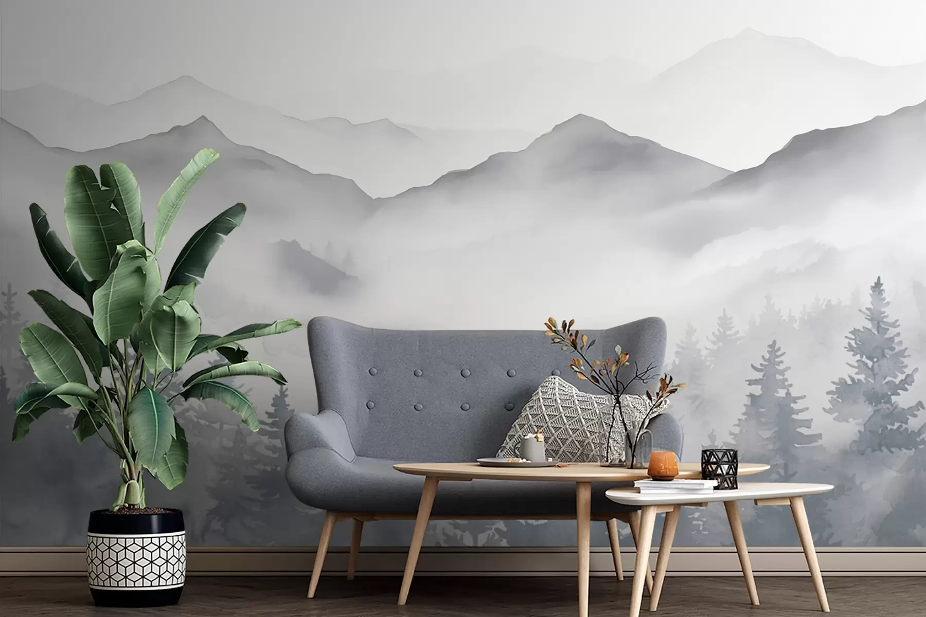 wall murals Спокојан планински пејзаж са магловитим шумама у меким сивим и плавим тоновима w08680
