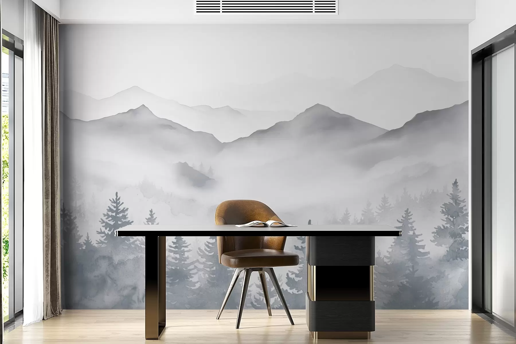 wall murals Спокојан планински пејзаж са магловитим шумама у меким сивим и плавим тоновима w08680