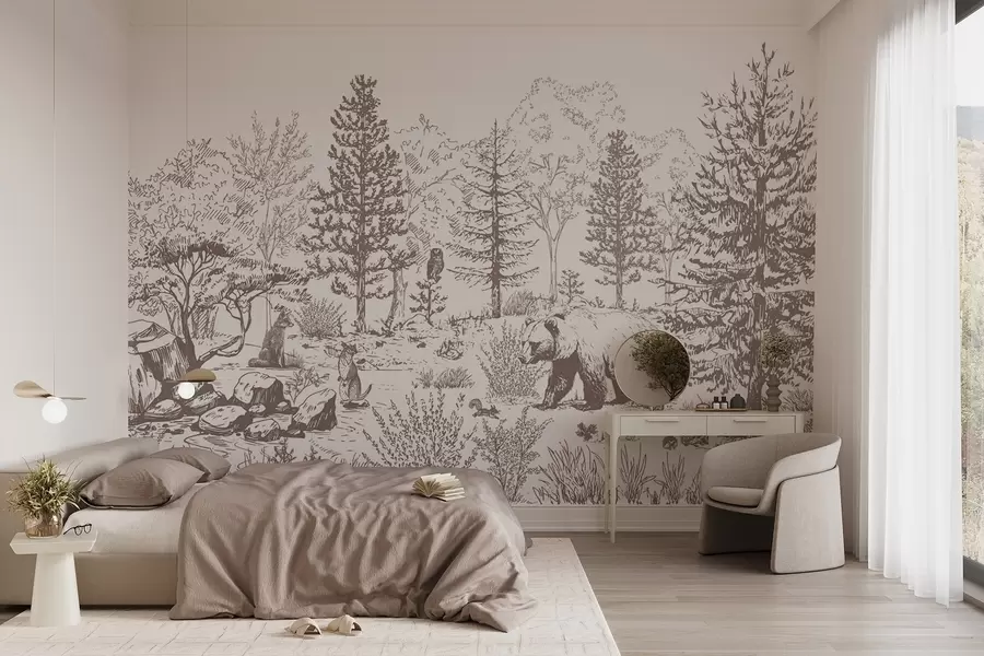 wall murals Живот у шуми, дрвеће, дивље животиње, медвед, лисица, сова, жбуње, цртеж у стилу оловке, беж боје w02929