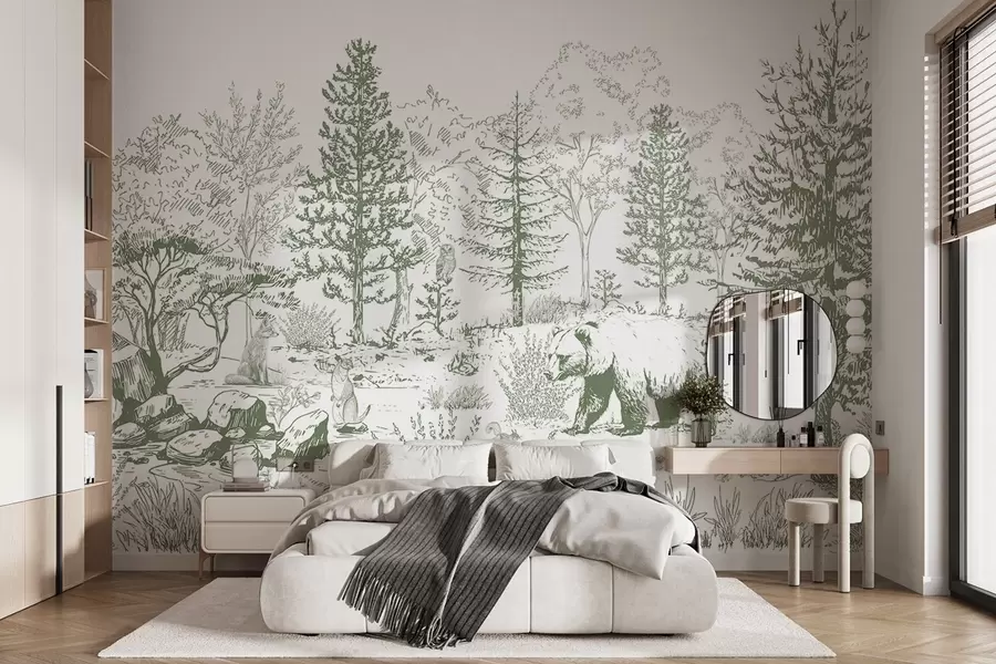 wall murals Живот у шуми, дрвеће, дивље животиње, медвед, лисица, сова, жбуње, цртеж у стилу оловке, зелене боје w02929v2