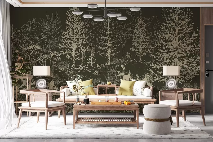 wall murals Живот у шуми, дрвеће, дивље животиње, медвед, лисица, сова, жбуње, тамнозелена позадина w02929v3