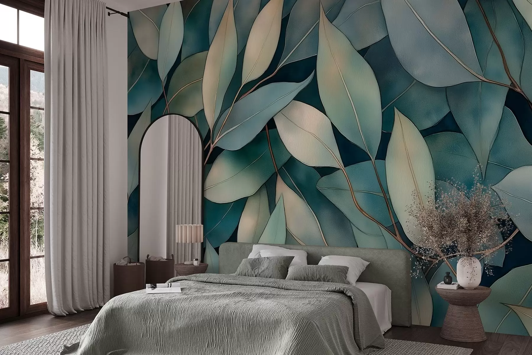 wall murals Листови еукалиптуса, цртеж у стилу акварела, цветни узорак, зелене боје w02931