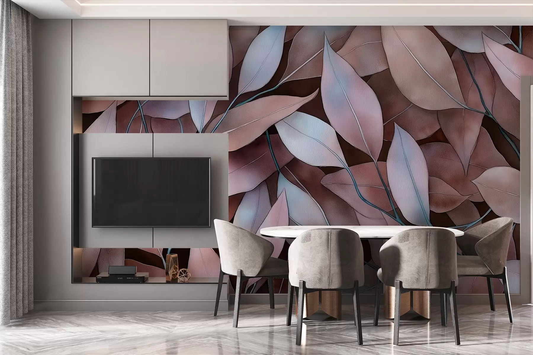 wall murals Листови еукалиптуса, цртеж у стилу акварела, цветни узорак, браон боје w02931v1