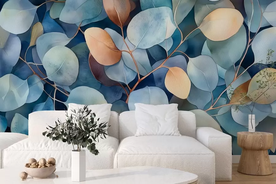 wall murals Прелепи листови еукалиптуса, цветни узорак, цртеж у акварелу w02939