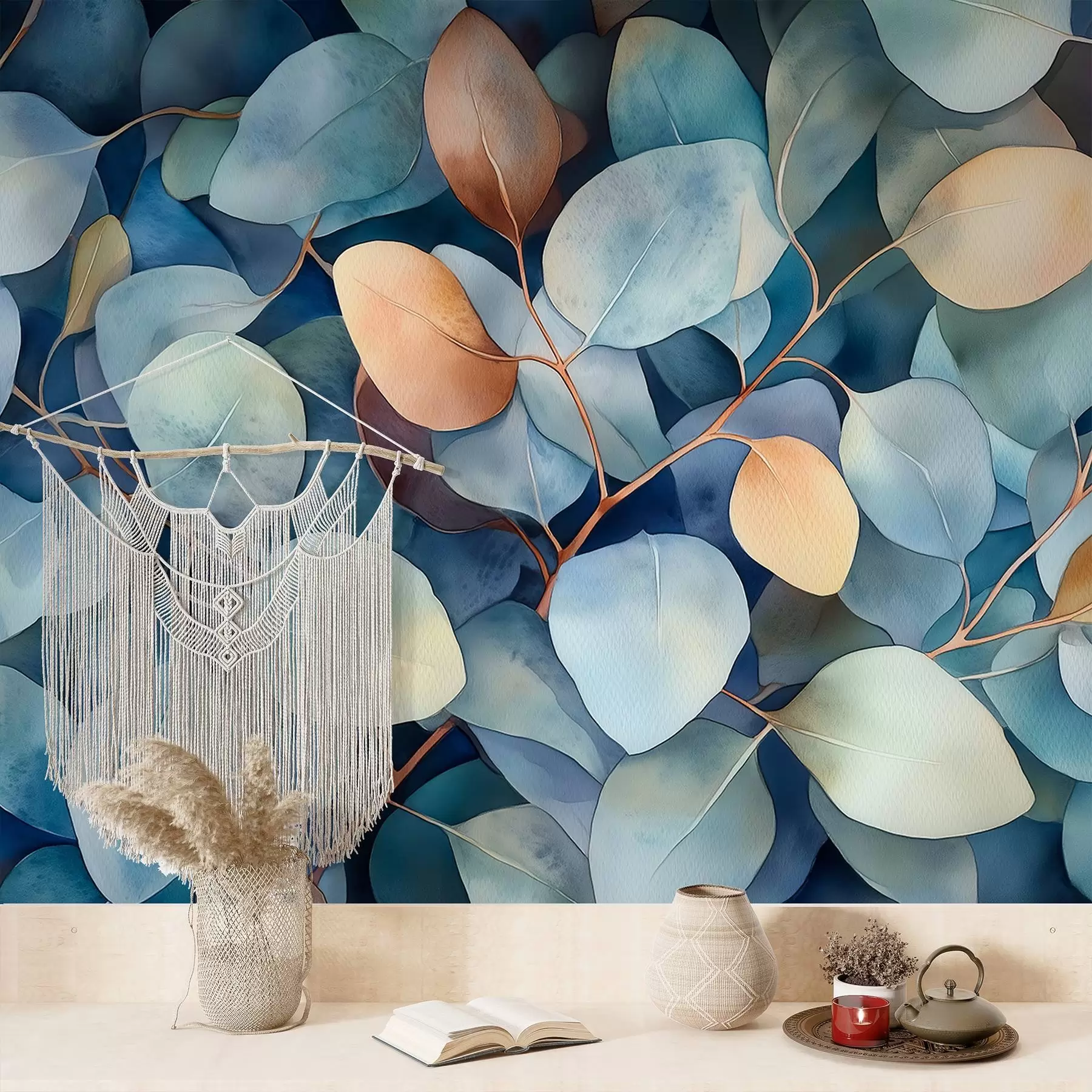 wall murals Прелепи листови еукалиптуса, цветни узорак, цртеж у акварелу w02939