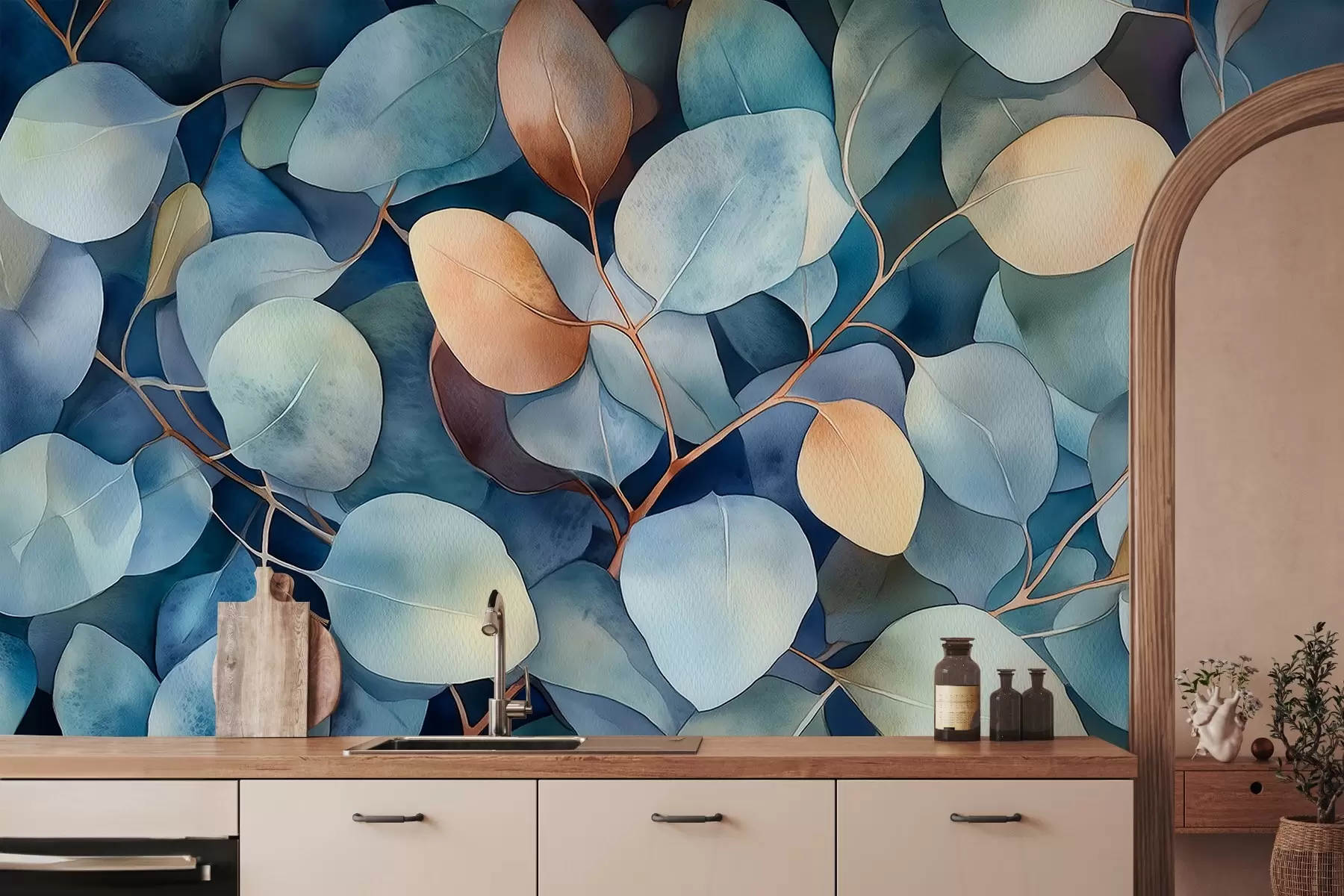 wall murals Прелепи листови еукалиптуса, цветни узорак, цртеж у акварелу w02939