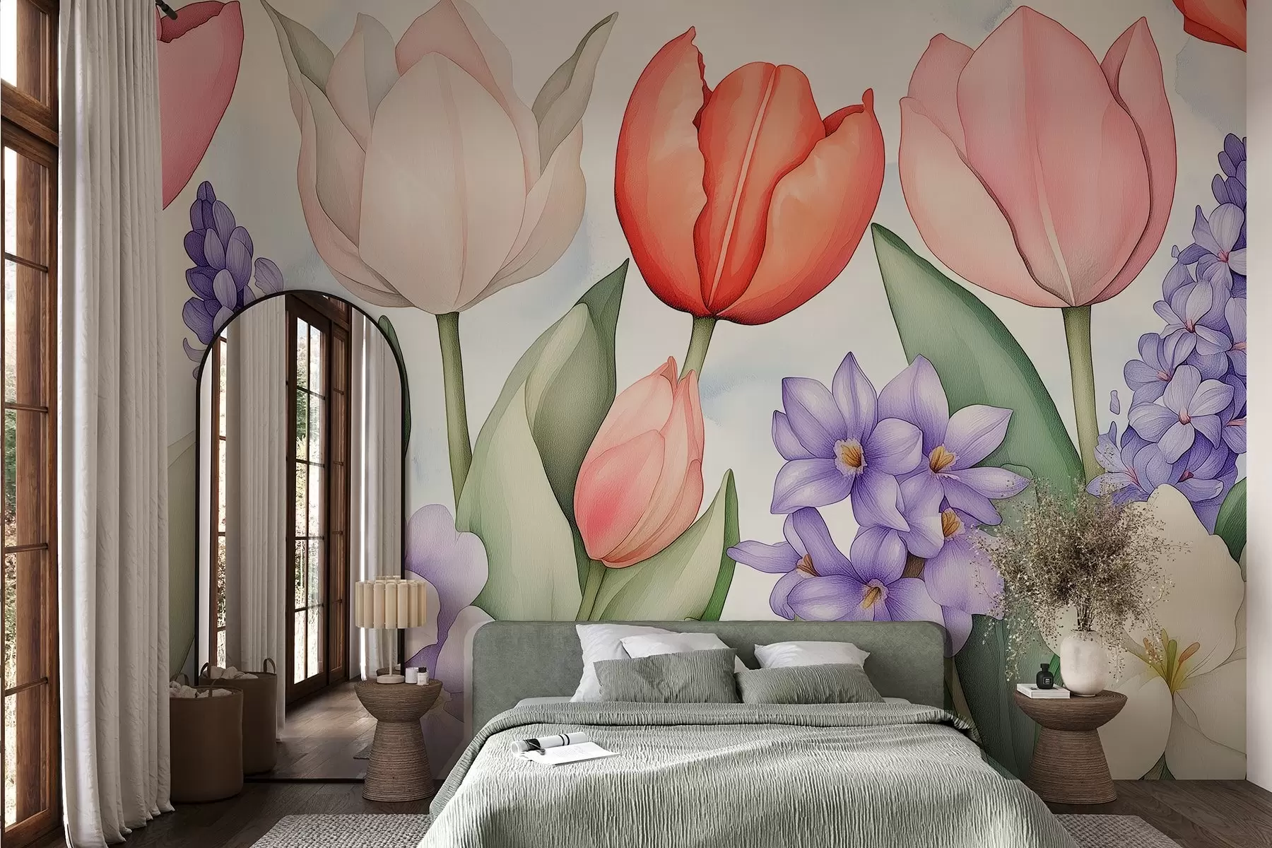 wall murals Пролећно цвеће, лале, зумбул, цртеж у акварелу, цветни w02940