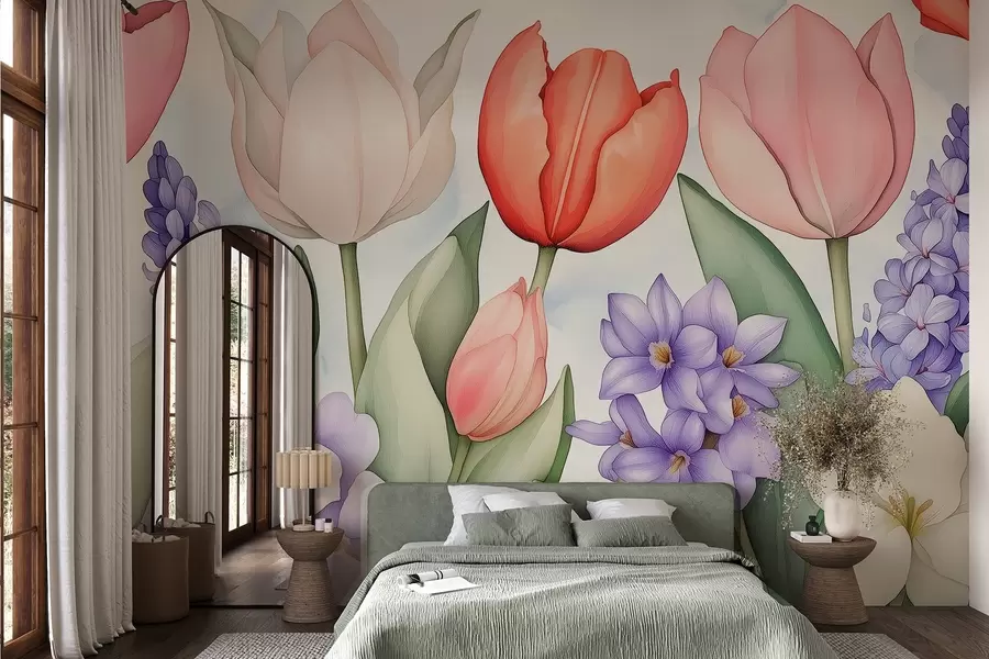 wall murals Пролећно цвеће, лале, зумбул, цртеж у акварелу, цветни w02940