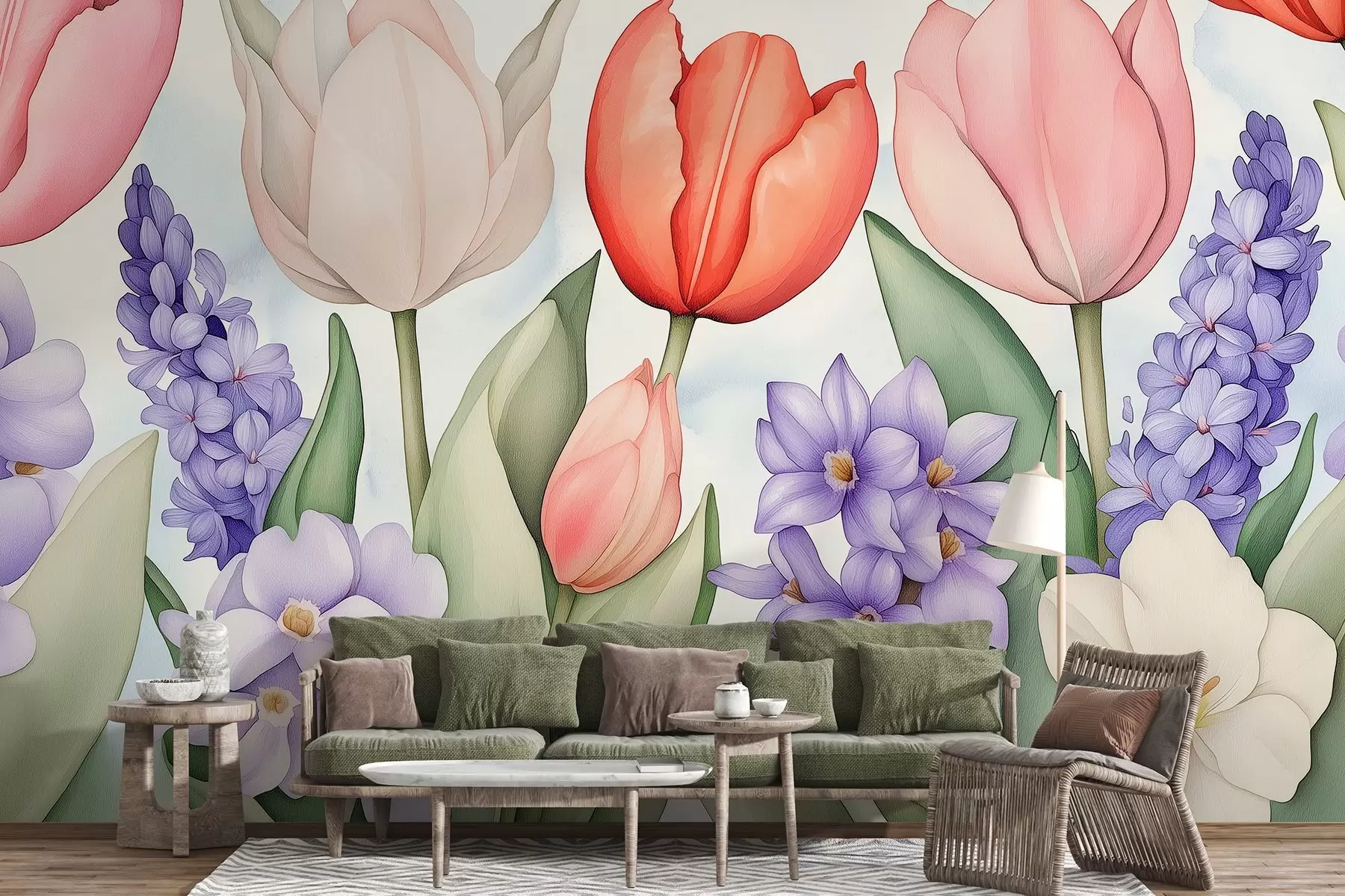 wall murals Пролећно цвеће, лале, зумбул, цртеж у акварелу, цветни w02940