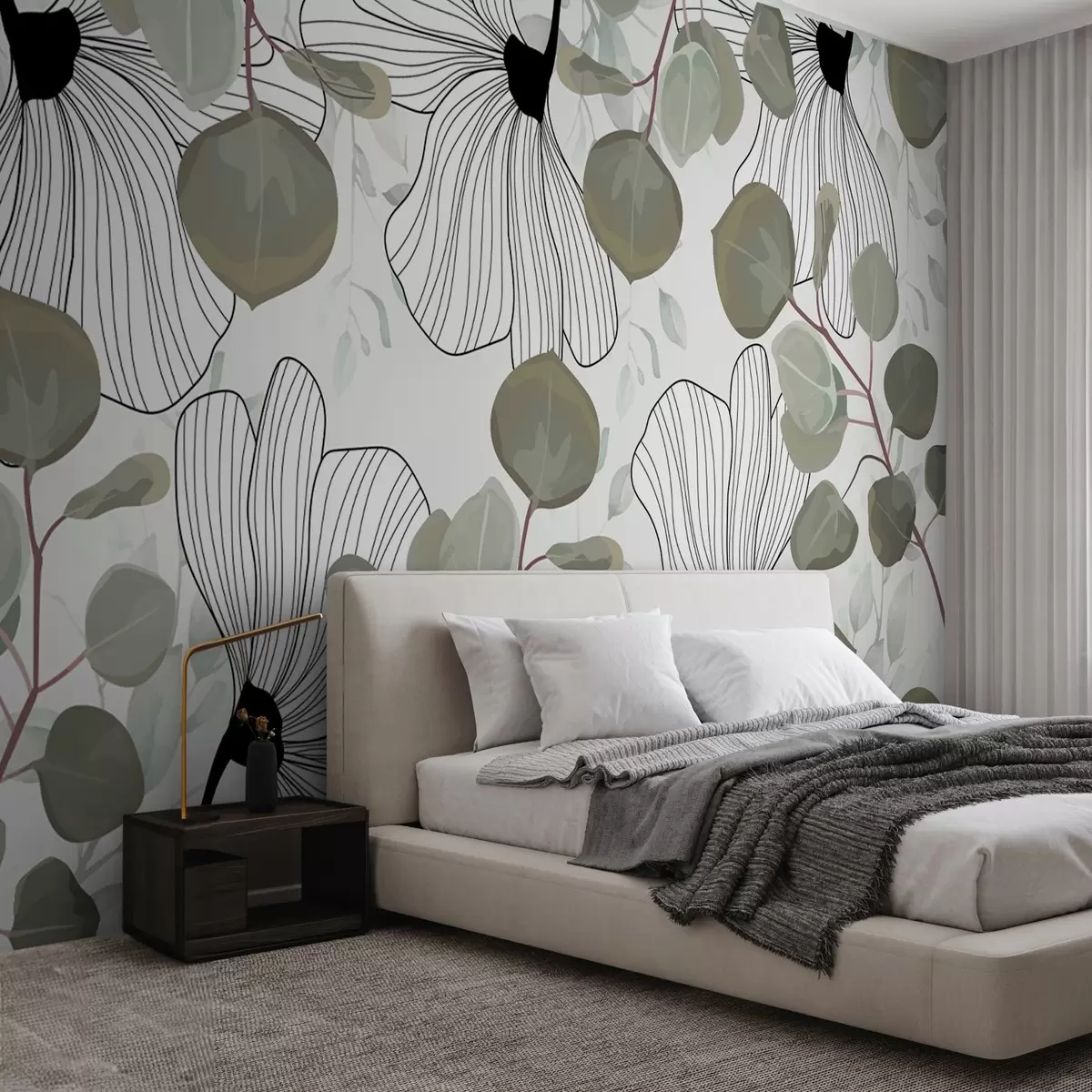 wall murals Састав белог цвећа и зеленог лишћа w02955
