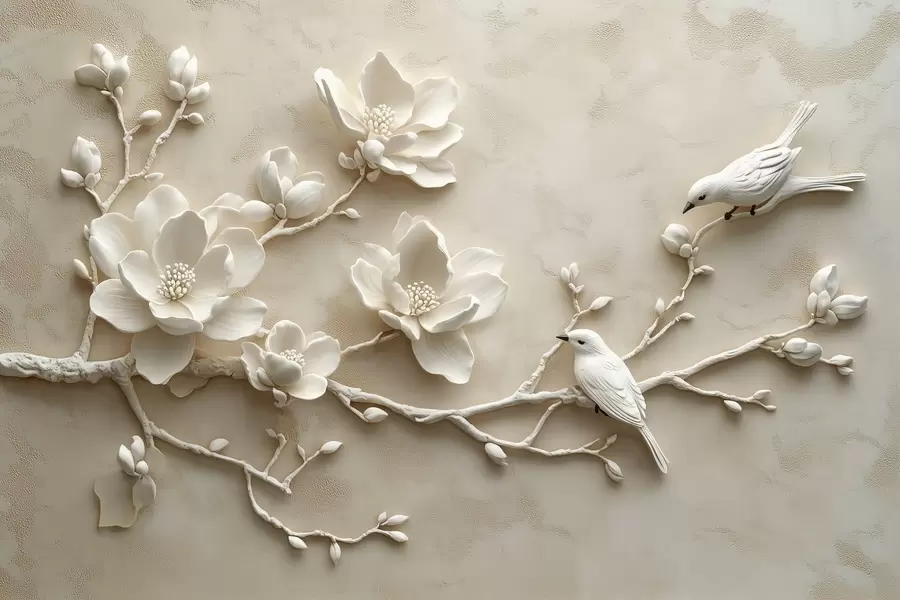 wall murals 3Д гране магнолије са птицама на њима w08690