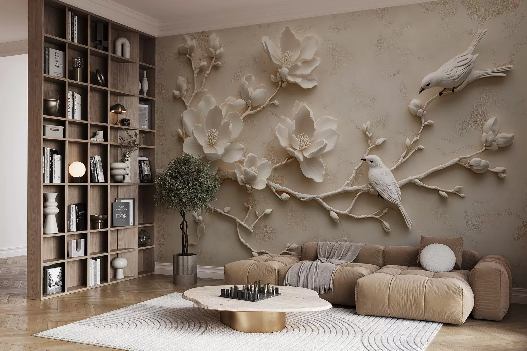 wall murals 3Д гране магнолије са птицама на њима w08690