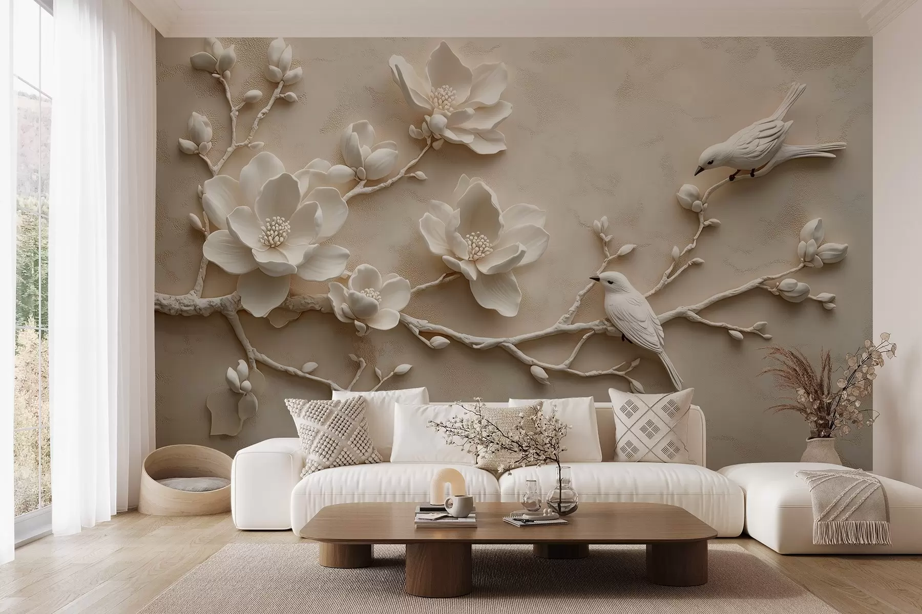 wall murals 3Д гране магнолије са птицама на њима w08690