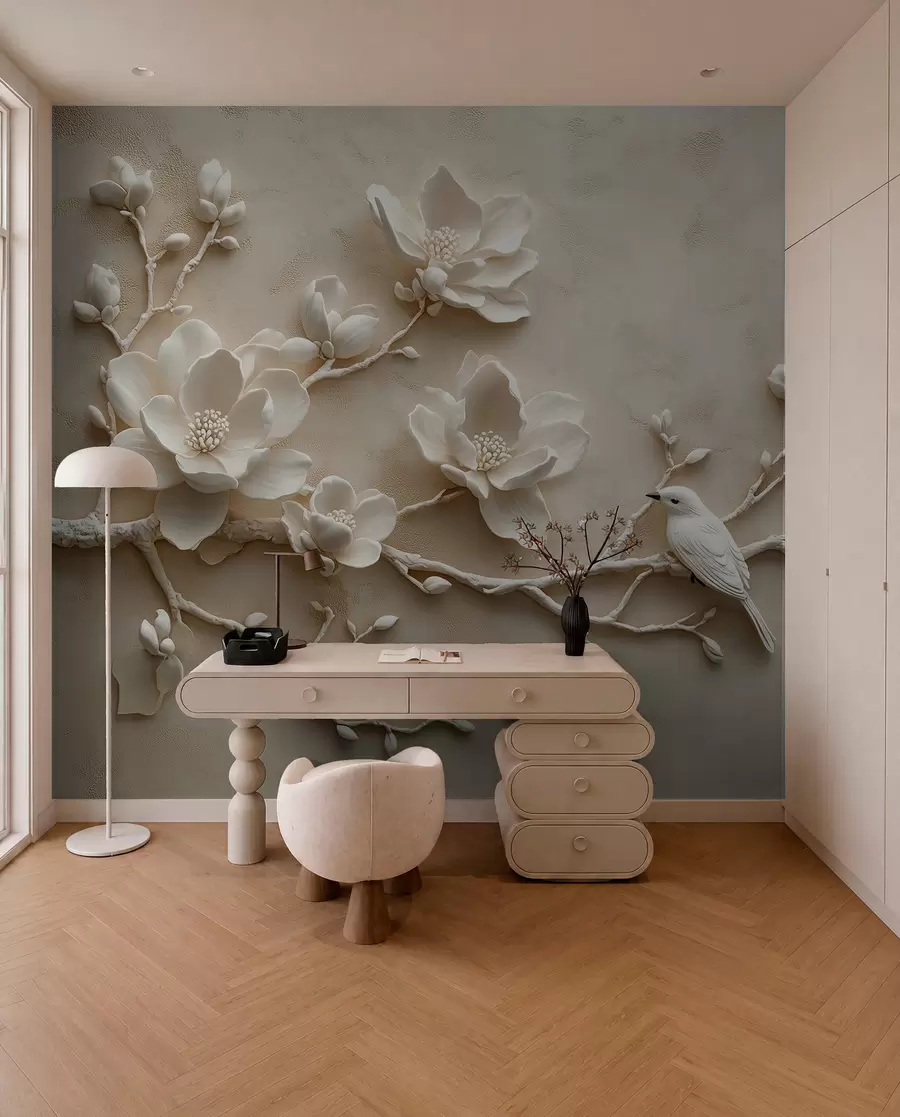 wall murals 3Д гране магнолије са птицама на њима w08690